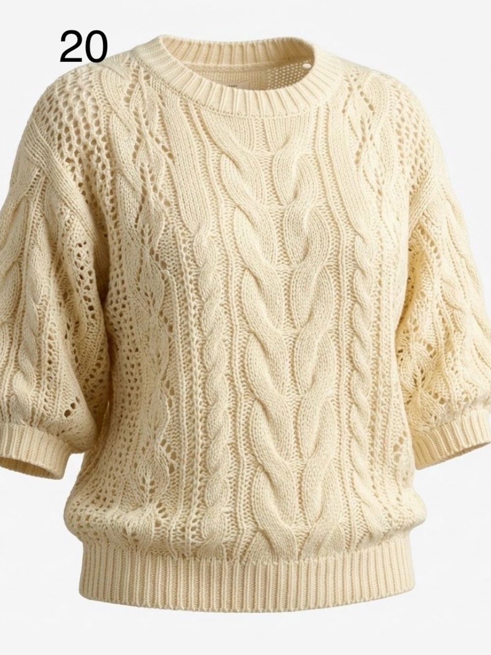 Cream Cable-Knit Short Sleeve Sweater